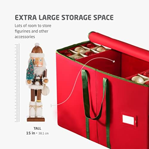 ZOBER Large Christmas Ornament Storage Box - Stores 80 3" Ornaments, With Dividers - With Large Compartment for Figurines, and Accessories, Durable Christmas Containers Holder (Red, 80-3" Ornaments) - Image 3