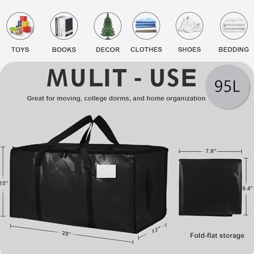 12 Pack-Extra Large Heavy Duty Moving Bags - Waterproof Storage Totes with Handles & Zippers, Foldable for College Dorm, Storage (Black) - Image 2