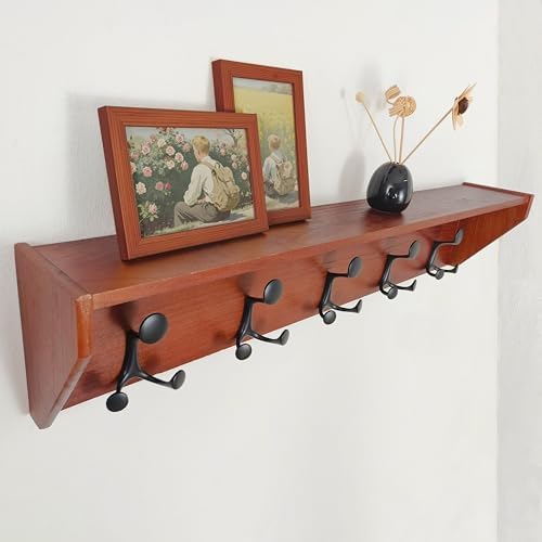 SKOLOO Wall Shelf with Hooks, 35-Inch Cherry Coat Rack Wall Mount with Shelf Organizer - Lightweight & Sturdy​​, 5 Tri Hooks - Perfect for Entryway, Hallway, Living Room, Bedroom, Mudroom - Image 3