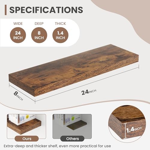 Acovy 24 Inch Floating Shelves, 8 Inch Deep Floating Shelves for Wall, Hanging Shelf with Invisible Brackets, Deep Shelves for Bathroom, Bedroom, Living Room, Brown, Set of 2 - Image 3