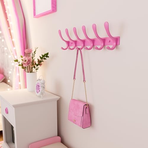 SKOLOO Wall Mounted Coat Rack - 6 Hooks, Pack of 2, Heavy Duty, Stainless Steel, Metal Wall Hanger, Sturdy Coat Hooks for Hanging Coats, Jackets, Clothes, Hats - Pink - Image 5