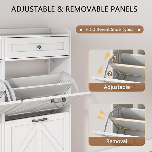 Shoe Cabinet with 4 Flip Drawers & 2 Top Drawers, 43" Tall Freestanding Shoe Storage Organizer for Entryway, Wooden Narrow Hidden Slim Shoe Rack for Front Door Entrance, Hallway, Living Room, White - Image 3