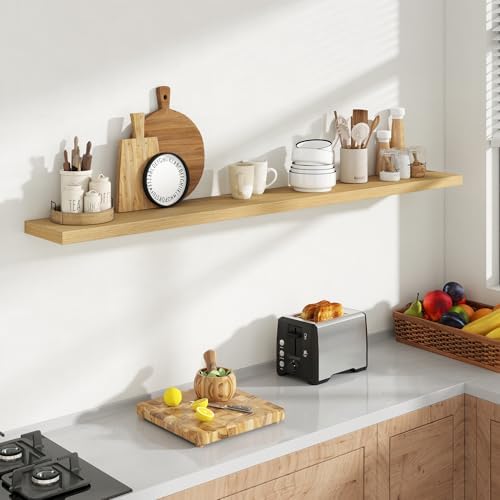 Acovy 72 Inch Floating Shelves, 8 Inch Deep Floating Shelves for Wall, Hanging Shelf with Invisible Brackets, Deep Shelves for Bathroom, Bedroom, Living Room, Oak, Set of 1 - Image 2