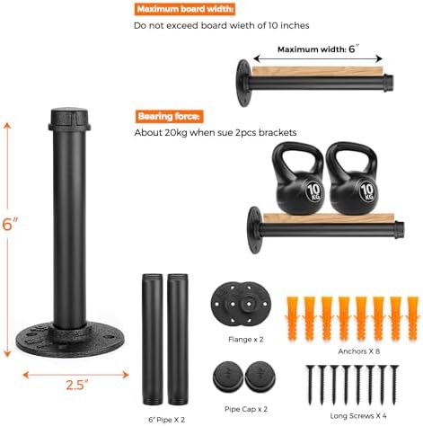 6 Inch Black Industrial Pipe Floating Clothing Rack Wall Mounted, 4 Pack - Image 2