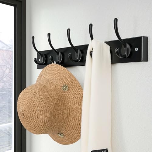 Dseap Wall Mounted Coat Rack: 16" Hole to Hole, Coat Hook Hanger with 5 Metal Hooks for Hanging Coats Towels Hats Clothes, Black, 2 Packs - Image 4