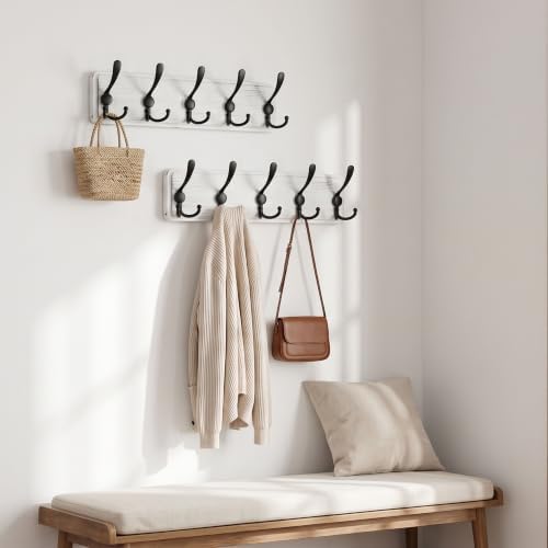 WEBI Coat Rack Wall Mount,Wood Coat Hooks Wall Mounted Coat Hanger,16" Hole to Hole,Wall Hook Rack Rail,5 Triple Hooks for Hanging Coats,Clothes,Jacket,Hats,Entryway,Black/White,2 Packs - Image 5