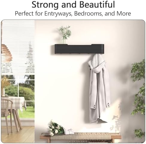 Coat Rack Wall Mount with Shelf 5 Hidden Hooks Modern Wooden Key Holder Entryway Organizer for Hallway Bedroom Bathroom Home Decor Storage for Hanging Coats Hats Bags Towels, Black - Image 5