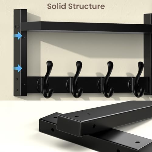 35'' Long Black Coat Rack Wall Mount with Shelf, Solid Wood Coat and Key Hanger with 13 Metal Hooks, Farmhouse Wall Organizer for Mail, Entryway Wall Hangers for Hats, Clothes, Backpacks - Image 7