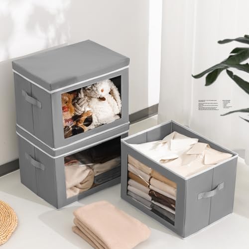 Homsorout Stackable Storage Bins with Lids - Large Decorative Basket with Lids, Fabric Foldable Closet Organizer Bins, Shelf Organizer for Living Room, Dorm, 5 Pack, Grey - Image 3