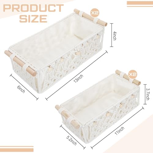 Vesici 4 Pcs Boho Macrame Baskets Shelves 13" 11" White Wood Handles - Image 2