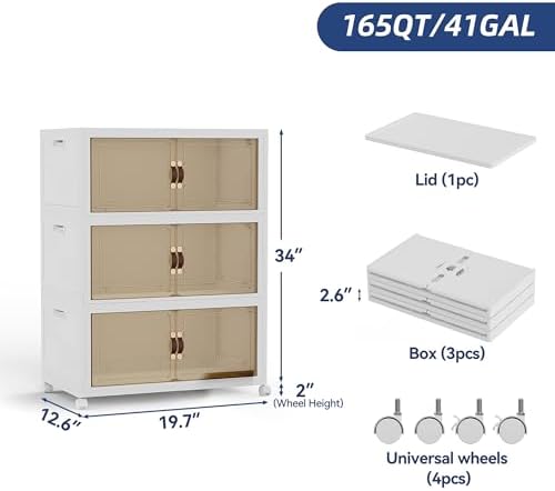 SAILUN 146QT Stackable Storage Bins with Lid, Storage Cabinet 3 Pack White - Image 2