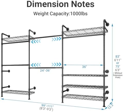 Timate F3 Plus Wall Mounted Clothes Rack Industrial Pipe Clothing Rack for Hanging Clothes, Heavy Duty Clothes Rack with Shelves, Expandable Garment Rack Wall Closet System, Black Pipe Closet Kit - Image 5