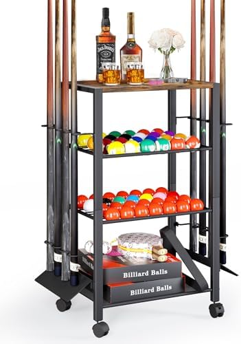 Pool Stick Holder Rack Stand for 8 Cue Sticks - Billiard Game Room Storage Cart with Organizer for Balls, Pool Table Accessories and Equipment - Heavy Duty Floor Stand Cue Stick Rack for Home or Bar by Olakee