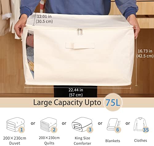 3 Pack Canvas Comforter & Blanket Storage Bags with Clear Window, Beige - Image 2