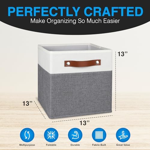 13x13 Storage Cubes - 6 Pack - Linen Fabric 13 Inch Cube Storage Bins for Bedroom, Living Room, Clothes and Toys; Foldable, Dual Leather Handles - Image 3