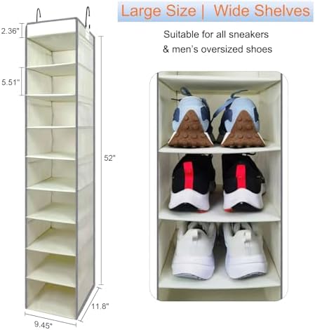 2 Pack Large-Sized Hanging Shoe Organizer 10-Shelf, Sturdy Hanging Closet Organizer with 8 Side Pockets, Wider Hanging Shelves for Storage Shoes Clothes Jeans Shirts Toys, Beige - Image 3