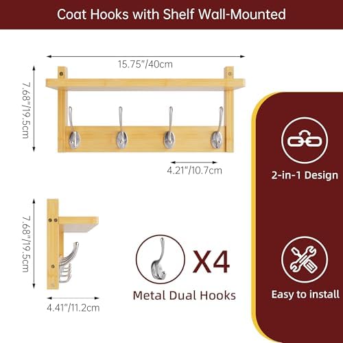 STELLSTAR Coat Rack with Shelf, 2 Pack Bamboo Wall-Mounted Coat Hanger with 8 Hooks for Entryway, Hallway, Kitchen, Bathroom, Living Room, Utility Room (Natural) - Image 4