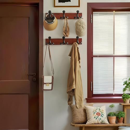 WEBI Coat Rack Wall Mount,17" Solid Wood Coat Hooks Wall Mounted Coat Hanger,16" Hole to Hole,Heavy Duty Hook Rack Rail,3 Triple Hooks for Hanging Coats,Jacket,Clothes,Hat,Backpack,Cherry,2 Packs - Image 2