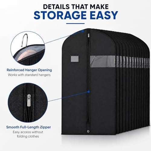 25 Pack Black Non-Woven Garment Bags for Hanging Clothes, 24 x 43 Inch Suit Bags with Clear Window and ID Card Holder, Dustproof Clothes Covers with Zipper for Suits Coats, Jackets, Dresses and Shirts - Image 5