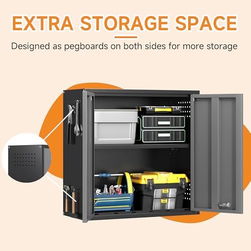 Metal Garage Wall Cabinet with 2 Doors and 1 Adjustable Shelf,Lockable Floating Tool Cabinet with Pegboard,Steel Storage Cabinet for Kitchen,Office,Garage,Laundry,Warehouse(Black&Gray, 26"H) - Image 6