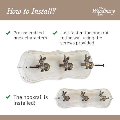 Rustic Wall Mounted Coat Rack with 3 Antique Brass Rabbit Hooks – Distressed White Wood Base, Hook Rail for Hats, Coats & Keys – Animal Themed Organizer for Home, Entryway & Nursery - Image 3