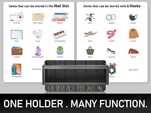 Rebee Vision Key Holder for Wall Set : 14'' Arc Key Rack with 5 Metal Hooks and 13'' Mail Organizer Basket with 6 Key Hooks, Key Hanger for Keys, Coats, Letters - Black - Image 6