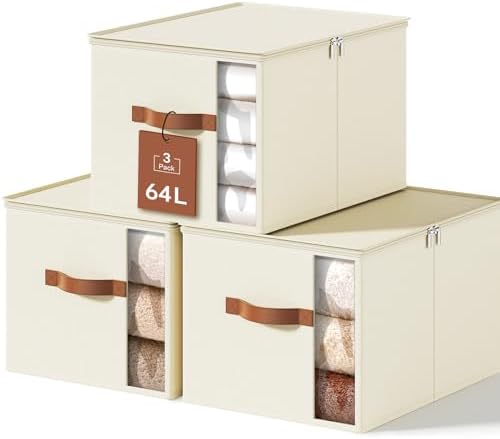 64L Clothes Storage Bins with Sturdy Frame, Foldable Clothing Organizer Box, Sweater Storage Cube with Lids and Zipper, Fabric Bedding Storage Bags for Blankets, Seasonal Clothes, Comforter by KitHero