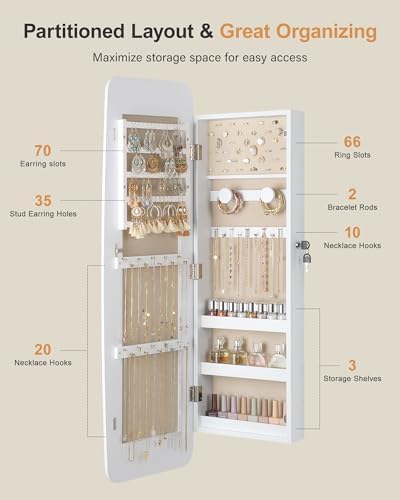 Nicetree Rounded Mirror Jewelry Cabinet, Lockable, Wall Mounted, Moon White - Image 2