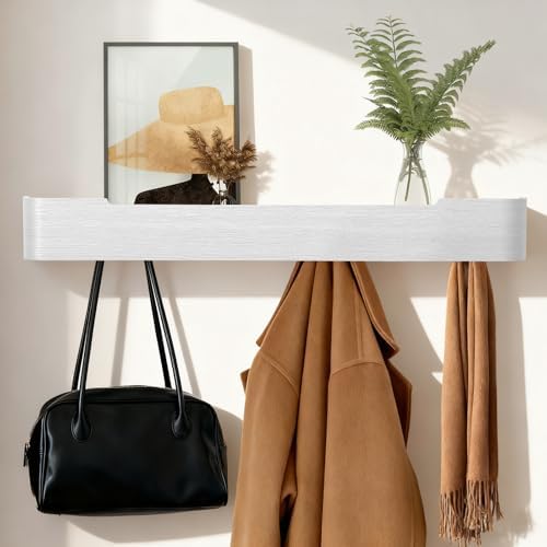 Coat Rack Wall Mount with Shelf Entryway Shelf Modern Key Holder Hanger Wall Shelves with Hidden Hooks for Hanging Towels Coats Hats Bags for Hallway Bathroom Bedroom(White, 8 Hooks) by FURNAWAY