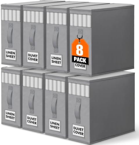 WOWBOX Sheet Organizers and Storage,Closet Bed Sheet Organizer Under Bed Storage and Organization with Label Cards & Clear Window for Bedding Sheets,Duvet Covers,Blankets (8 Pack，Gray) by WOWBOX