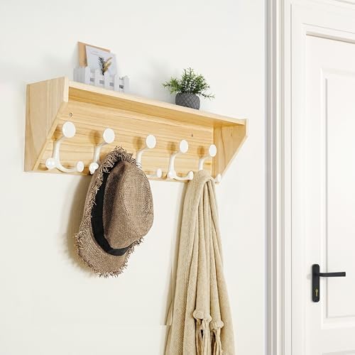 SKOLOO Wall Shelf with Hooks, 24-Inch Coat Rack Wall Mount with Shelf Organizer - Lightweight & Sturdy​​, 5 Tri Hooks - Perfect for Entryway, Hallway, Living Room, Bedroom, Mudroom, Natural & White - Image 2