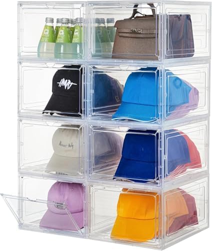 Attelite Upgrade Harder Solid Plastic Hat Organizer for Baseball Caps, 8 Pack Stackable Hat Storage Box with Clear Magnetic Door, Hat Rack(XL-Clear) by Attelite