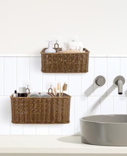 AceList Hanging Wall Basket with Removable Dividers, Set of 2 Woven Storage Baskets - Faux Rattan Wall Mounted Organizer for Kitchen Bathroom, Includes 5 Clear Hooks & 5 No-Mark Nails, Boho Decor - Image 5