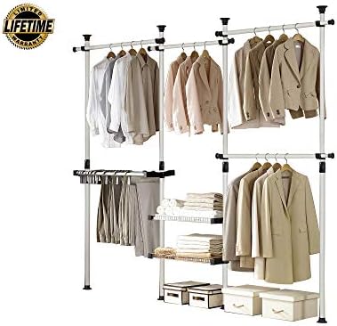 Prince Hanger Deluxe Pants & Shelf Hanger Heavy Duty One Touch Load 880LBS Clothing Racks for Hanging Clothes Metal Wardrobe Closet Garment Tension Rod Freestanding Ivory Height Adjustable PHUS-0052 - Image 2