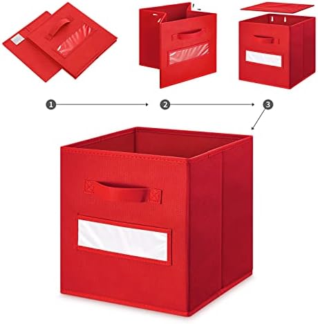 11 Inch Storage Cube,Storage bin,cube storage (Set of 10) Foldable Fabric Cube Storage Bins with 10 Labels Window Cards & a Pen,Baskets Containers for Shelves,Closet Organizers Box,Red - Image 4
