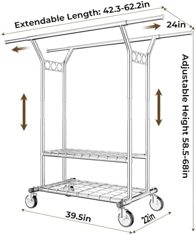 HYSEYY Heavy Duty Clothes Rack, Rolling Clothing Rack With Shelves Load 620 LBS, Double Rod Clothing Racks for Hanging Clothes, Portable& Adjustable Clothes Rack with Wheels Garment Rack - Image 6
