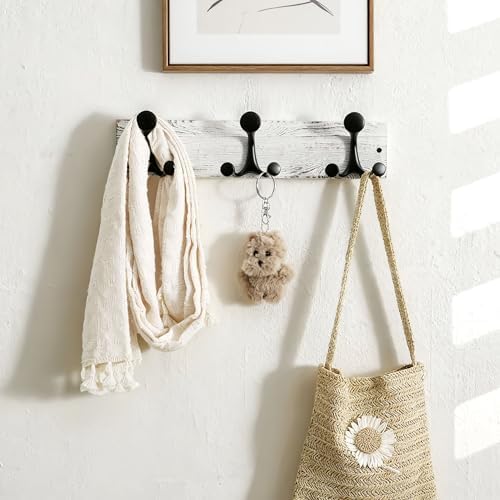 SKOLOO 17-Inch Wood Coat Rack Wall Mount with 3 Triple Hooks - Ideal for Family Entrances, Classrooms, and Pet Supplies Storage - Perfect Coat Hooks for Wall,Distressed White Wash, Pack of 2 - Image 2