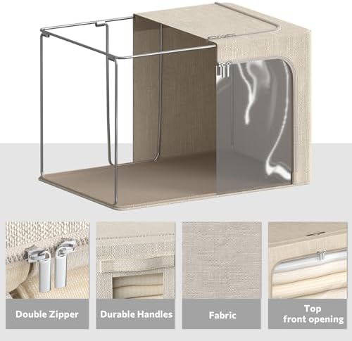 CYhom 4 Pack Clothes Storage Bins with Metal Frame - Linen Fabric Foldable Stackable Container Organizer Set with Clear Window & Carry Handles & Zippers (Beige, 23.6"x16.5"x15.7") - Image 5