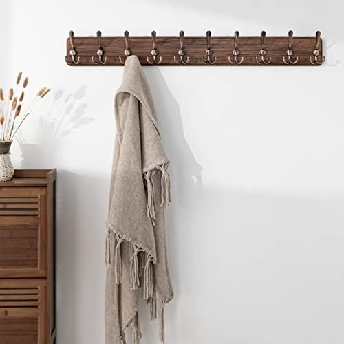 SKOLOO Coat Rack Wall Mounted - 38.6" Long, Wooden, Heavy Duty, Rustic Coat Hooks for Wall, Coat Rack with 10 Triple Hooks for Hanging Clothes, Jacket, Hat(Brown & Retro Red) - Image 2