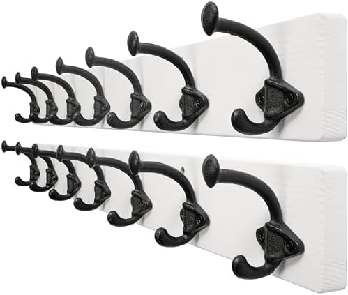 WEBI Rustic Coat Rack Wall Mount,30" Long 7 Cast Iron Coat Hooks Wall Mounted,Heavy Duty Farmhouse Wood Coat Hanger Wall Vintage Hooks for Hanging Jacket,Clothes,Backpack,Black on White,2 Packs by WEBI