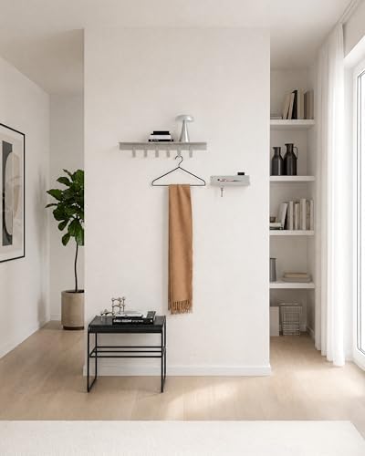 Kazai. Coat Rack Wall Mount with Shelf 'Holmsen' | Coat Rack with Shelf for Storage and Display | Wall Hooks for Hanging Clothes and Purses | Modern Entryway Hangers in Metal | Silk Gray - Image 5