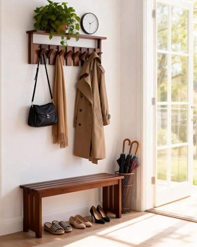 Wooden Coat Rack Wall Mount with Shelf, Heavy Duty Entryway Organizer with 8 Hooks,Coat Hooks Hanger for Coats, Hats, Bags & Towels, Walnut Wall Hanger for Hallway, Bedroom, Kitchen (8 Hooks) - Image 2