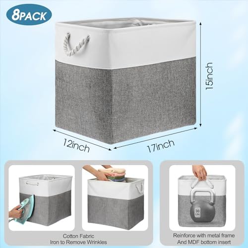 meekoo 8 Pack Fabric Storage Bins Baskets, 17 x 12 x 15 in, Gray White - Image 3