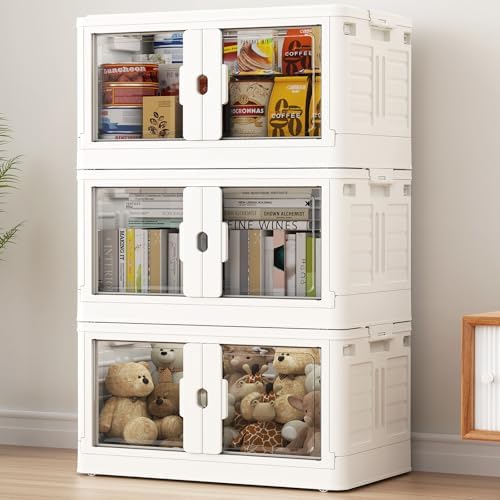BROVIEW 345Qt Stackable Storage Bins with Lids & Wheels, 3-Pack Large Plastic Collapsible Latching Boxes, Closet Organizers and Storage Cabinet Shelves, for Home Garage Office Organization, V7 White by BROVIEW-EnjoytheArtofLife