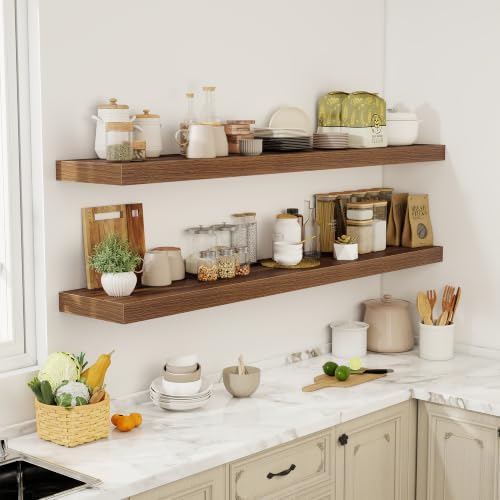 Acovy 72 Inch Floating Shelves, 12" Deep Floating Shelf Wall Mounted, 72" Wall Shelves, Rustic Deep Bookshelf, Extra Deeper & Thicker Display Shelves for Bedroom, Living Room, Set of 2 - Image 2