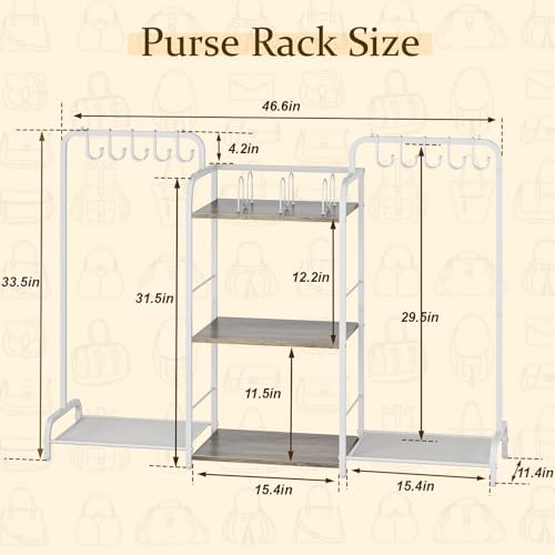 Purse Organizer with 2 Purse Hangers for Purse Storage, High-Capacity Handbag Organizer with 10 Adjustable Hooks and 3 Dividers, Purse Holder for Closet System, Purse Rack Stand for Bag Organization - Image 3