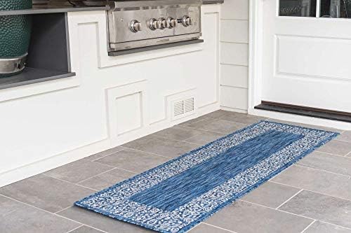 Unique Loom Outdoor Border Collection Area Rug - Floral Border (2' x 6' 1" Runner, Blue/ Ivory) - Image 2