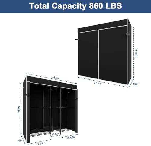 Ulif E12C Heavy Duty Closet Organizer System，Freestanding Clothing Rack, Adjustable Garment Rack 57.1" W x 16" D x 76.5" H Holds 860 lbs, Black Clothing Rack with Black Dustproof Cover - Image 2