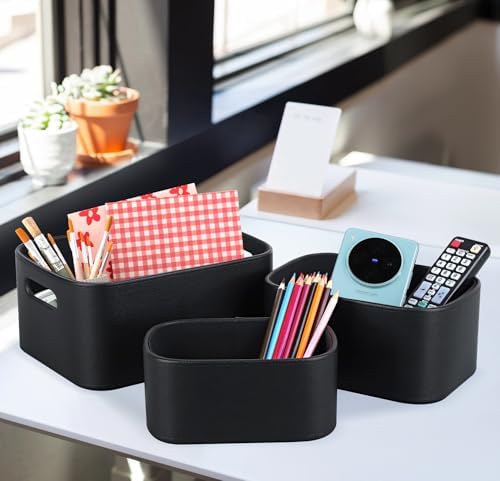 HofferRuffer Faux Leather Storage Baskets Bins with Velvet Lining for Organizing, Storage, Gifts, Set of 3 Nesting Shelf Baskets Decorative Storage Boxes for Home Organization (Black) - Image 6