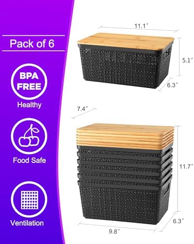 EOENVIVS Storage Bins with Lids 6 Packs, Plastic Storage Baskets with Bamboo Lids-Stackable Storage Containers for Shelves Drawers Desktop Closet Pantry Playroom Classroom Office, Black - Image 2